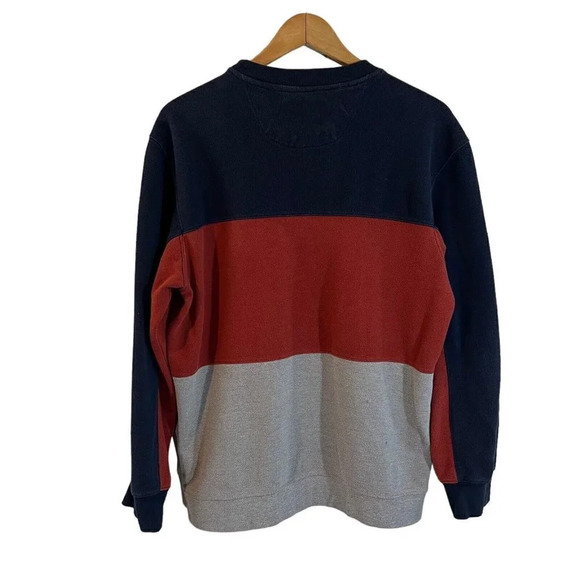 ODA Mens Crewneck Size Large Striped Colorblock Navy Burnt Orange Gray Pullover - Picture 2 of 5